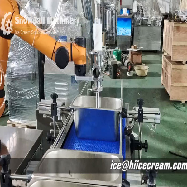 Llenadora robótica de helados, Llenadora de robot de helados, Línea de producción robótica de helados, Llenadora base con tecnología brazo robótico de helados, Máquina robótica de helados